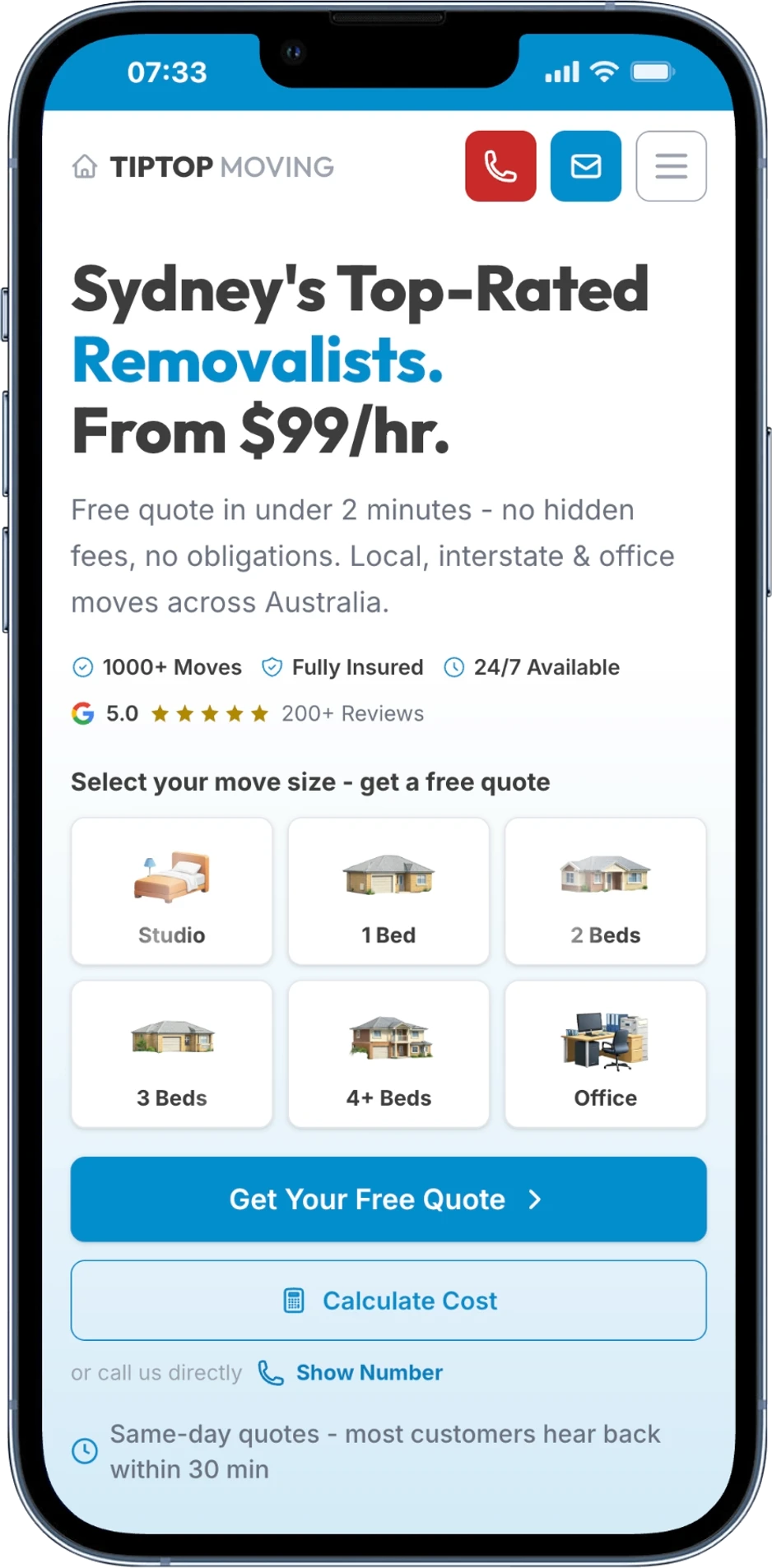TipTop Moving Website auf dem Smartphone